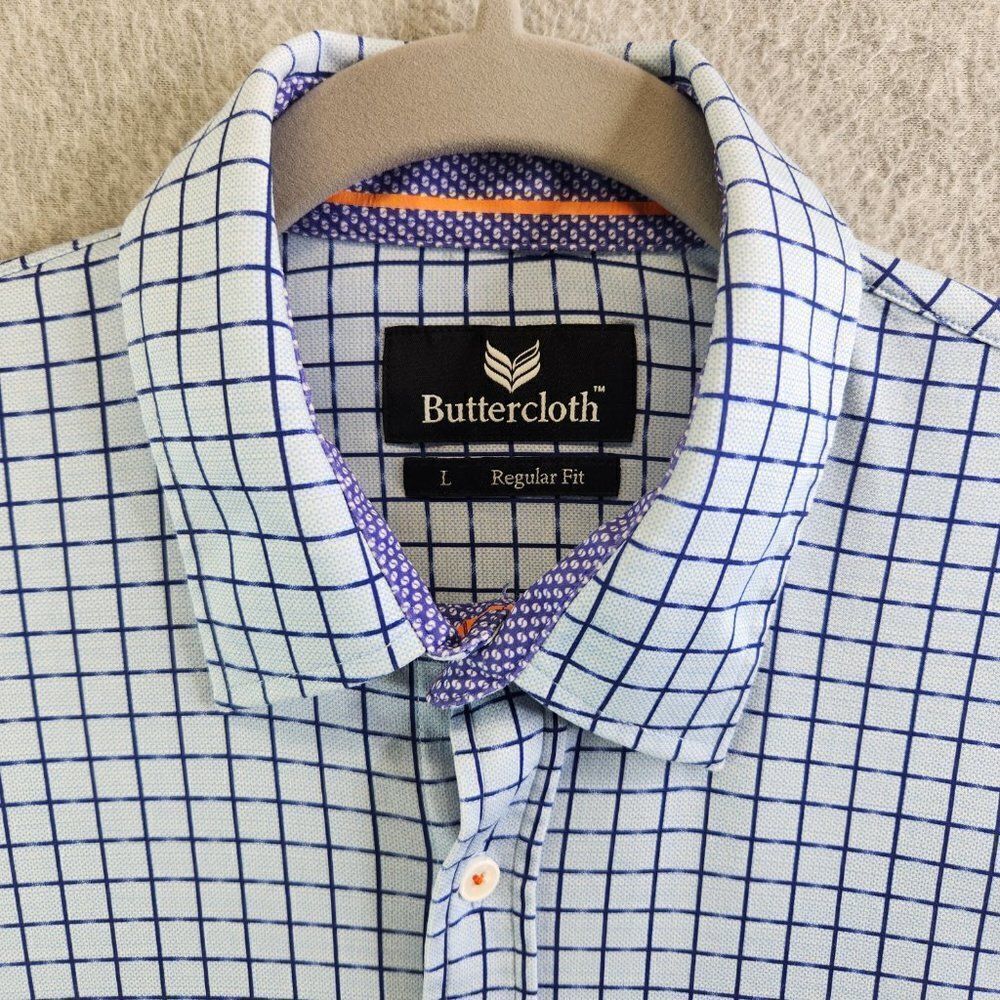 Butter Cloth Shirt Mens Large Blue Grid Check Flip Cuff Regular Fit Lightweight - Picture 3 of 16